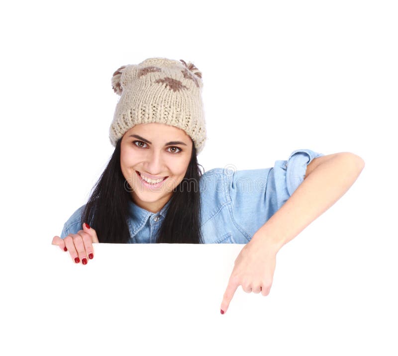 Woman pointing her finger at white billboard royalty free stock photo Woman pointing her finger at white billboard royalty free stock photo