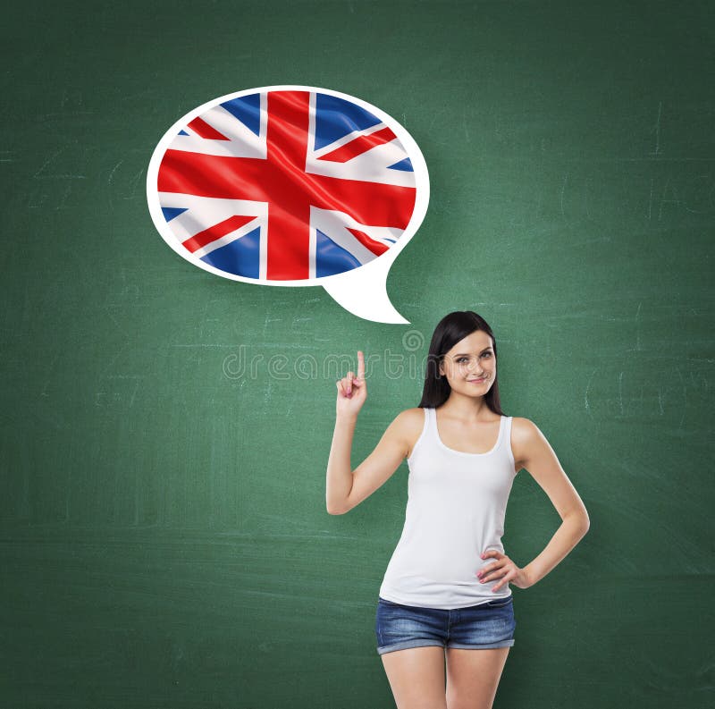 Woman is pointing out the thought bubble with Great Britain flag. Green chalk board background.