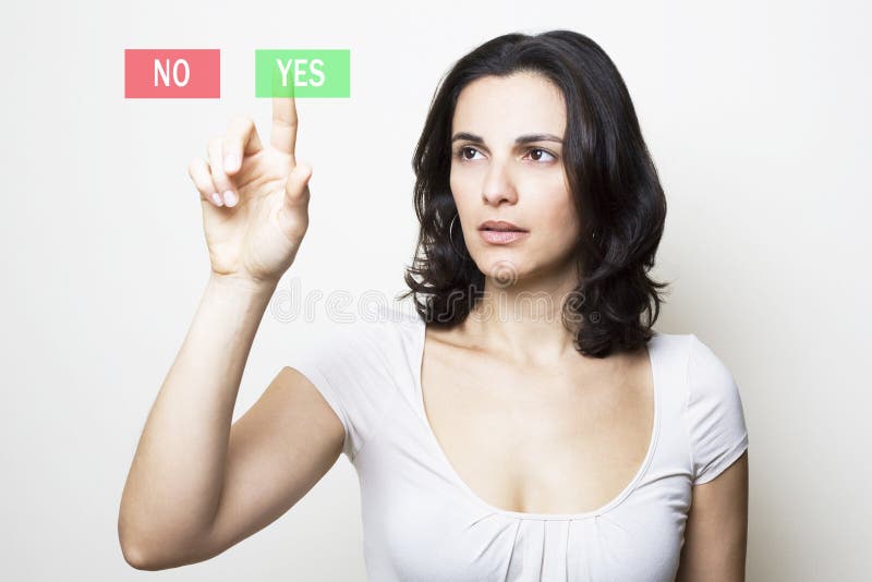 Woman pointing with sad face at YES