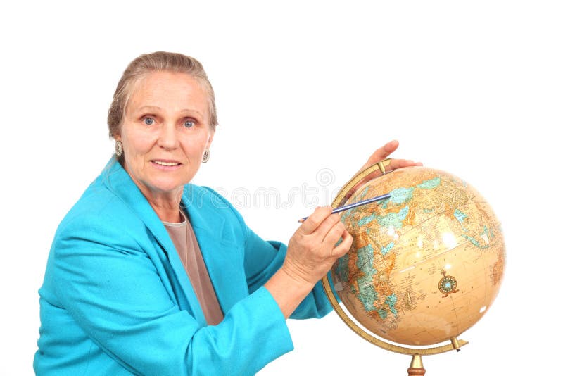 Woman pointing to globe