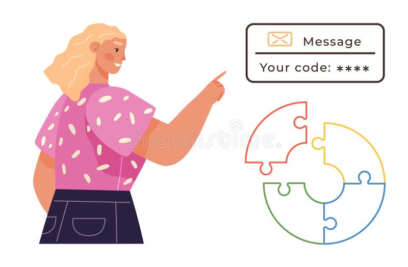 Woman pointing at secure message with authentication code and colorful puzzle graphic stock illustration