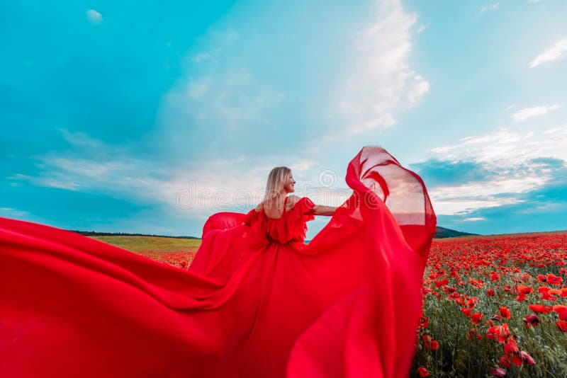 Woman Poppy Field Red Dress. Happy Woman in a Long Red Dress in a ...