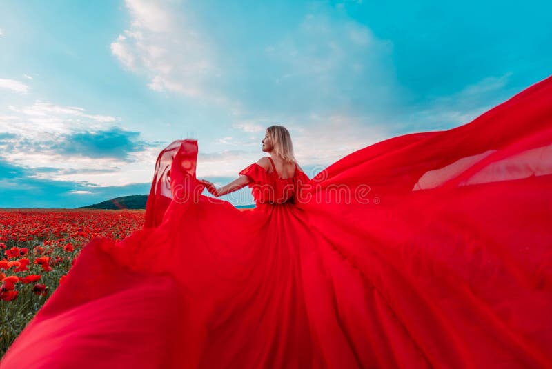 Woman Poppy Field Red Dress. Happy Woman in a Long Red Dress in a ...