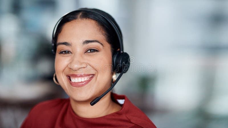 Woman, portrait and callcenter agent with headset for phone call, tech support and telecom for help desk space. Advisor royalty free stock images