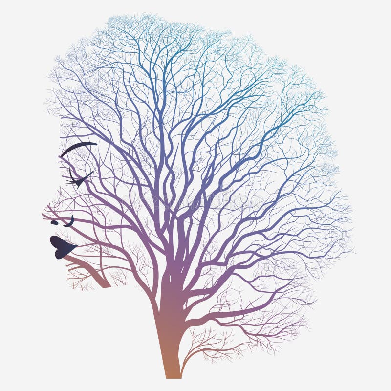 Woman portrait with double exposure, face and tree vector illustration