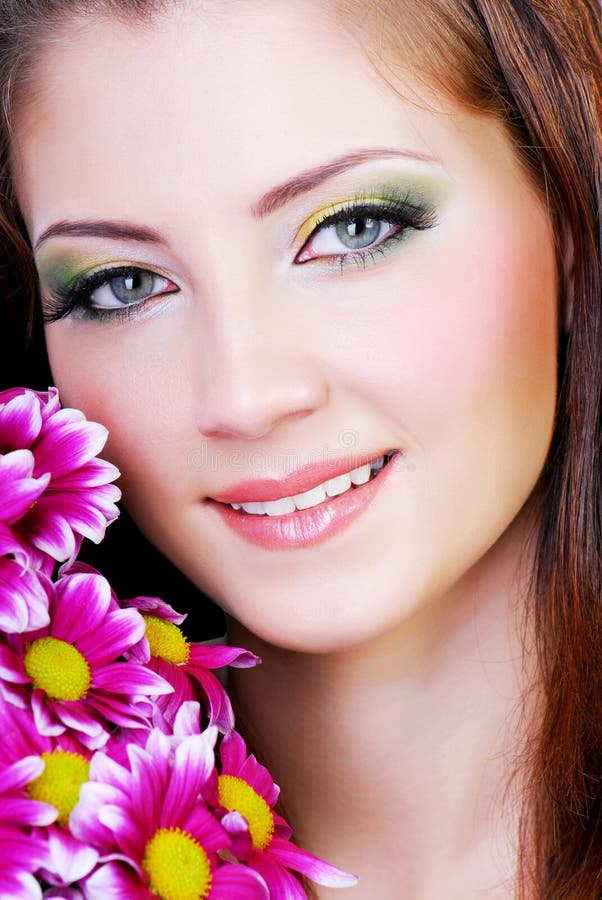 Beautiful Woman S Face with Orchid Flowers Stock Image Image of