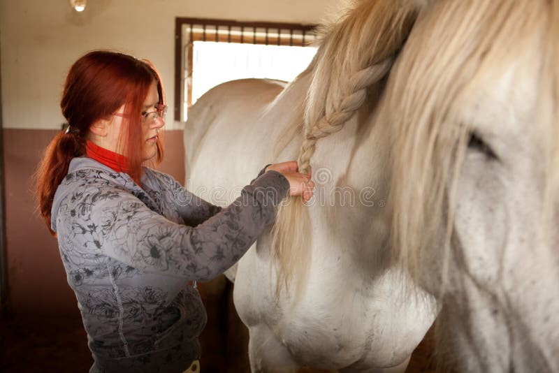 Woman prepare horse for riding royalty free stock photography