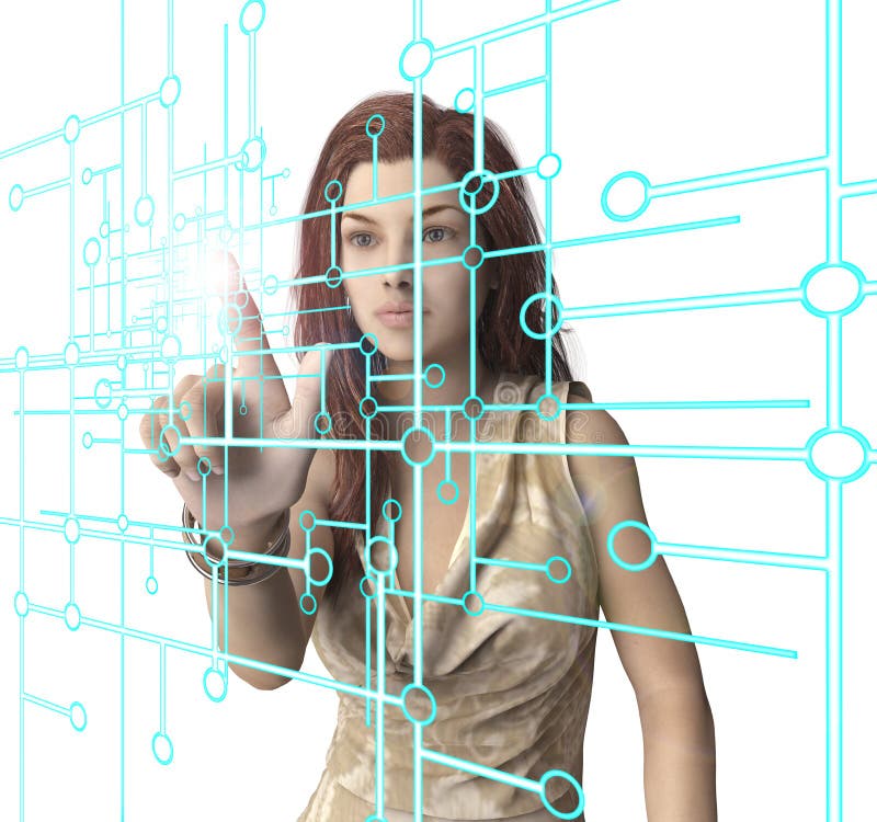 woman pressing virtual computer screen with finger stock illustration woman pressing virtual computer screen with finger stock illustration