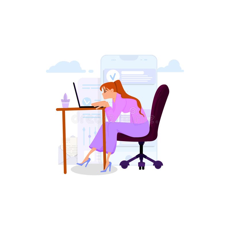 Woman programmer, posture in search of ideas, flat style stock illustration