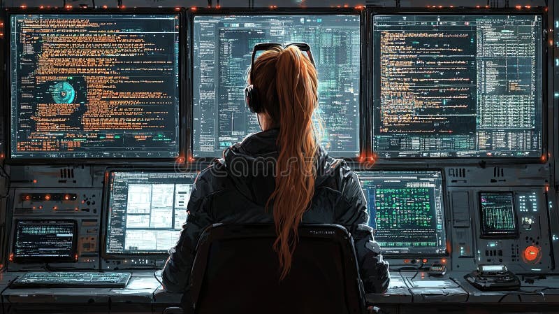Woman programming at multiple computer screens in tech workspace. A woman is deeply focused on coding at her workstation with multiple monitors displaying complex data. The scene captures the modern technology environment, highlighting concentration and innovation