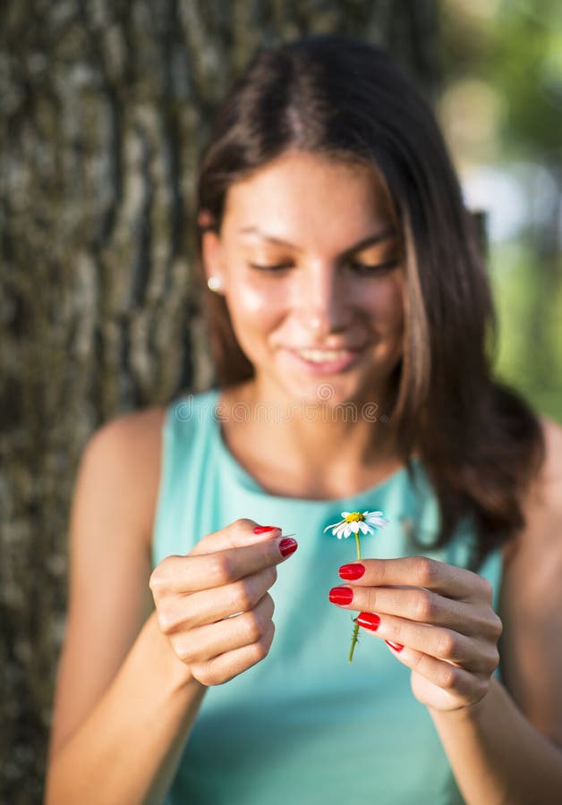 Woman Pulling the Petals Off a Flower Thinking he Loves Me, he Stock