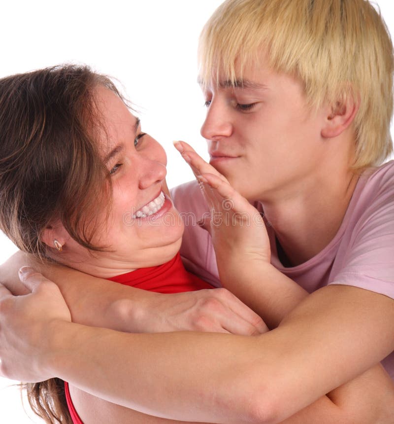 Woman push young man away