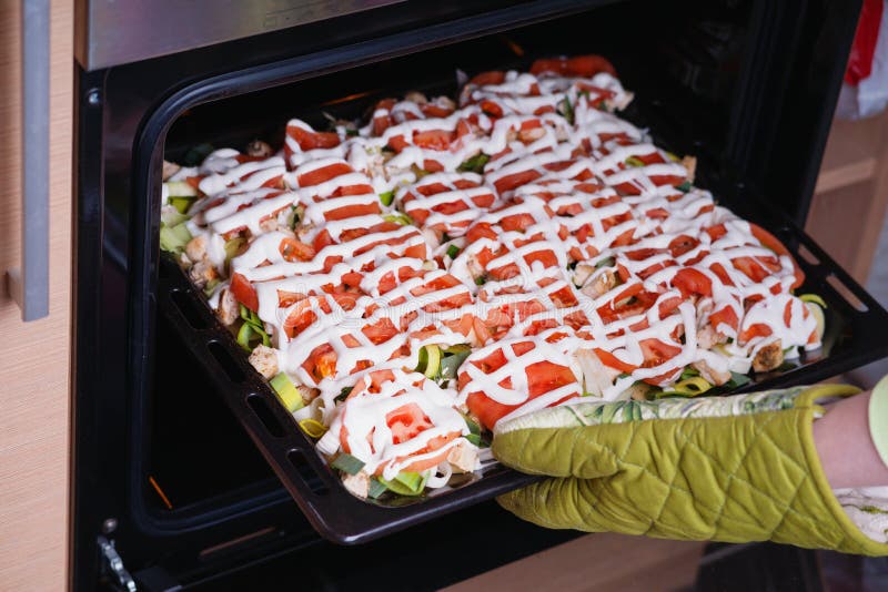 Woman Put Pan in Oven in Kitchen Stock Image Image of homemade, glove
