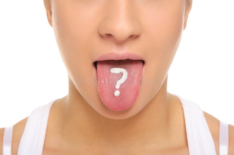 Woman puts out tongue with drawn question mark