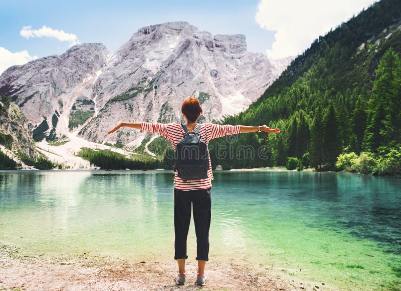 Travel on Braies Lake Lago Di Braies in Dolomites, Italy, Europe