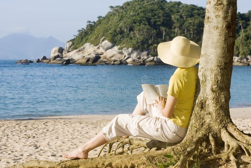 Una mujer lectura un libro sobre el Playa brasil.