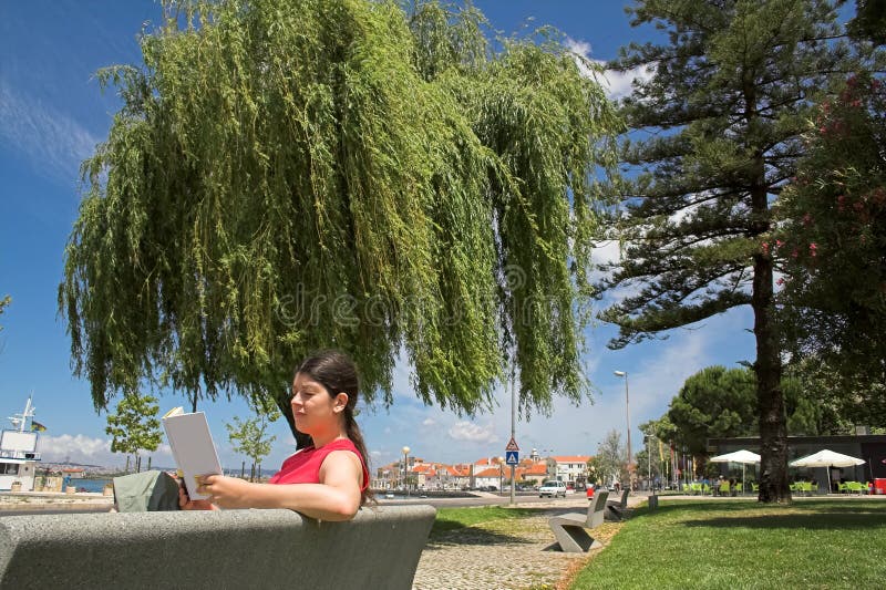 Woman reading book in park