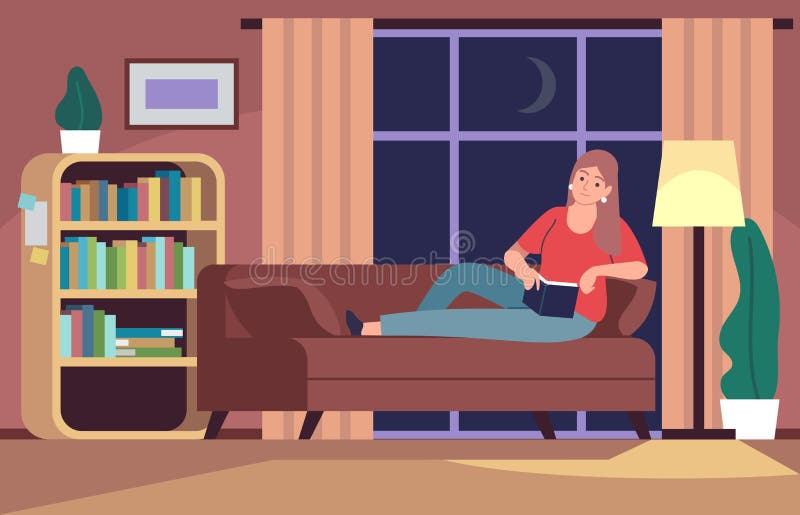 Woman reading in couch. Young girl in bedroom reads book under light lamp on sofa, relaxing home rest flat vector