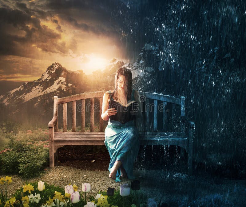 Woman reading in sun or rain royalty free stock photo Woman reading in sun or rain royalty free stock photo