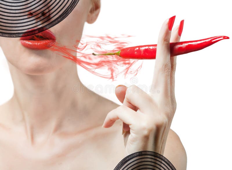 Woman With Red Burning Pepper Stock Image Image of glamour, food