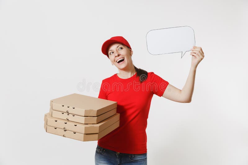 Woman in red cap, t-shirt giving food order pizza boxes isolated on white background. Female courier holding empty blank. Say cloud, speech bubble, italian royalty free stock photo Woman in red cap, t-shirt giving food order pizza boxes isolated on white background. Female courier holding empty blank. Say cloud, speech bubble, italian royalty free stock photo