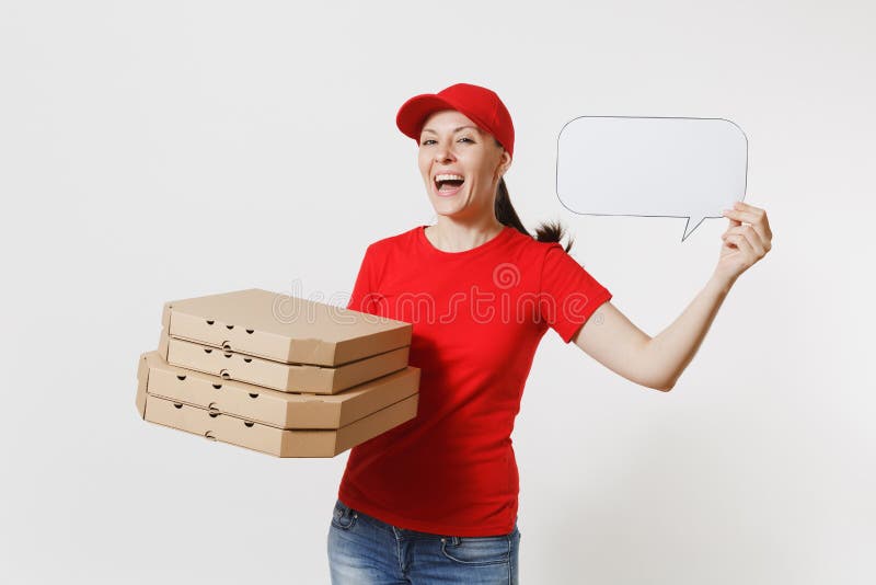 Woman in red cap, t-shirt giving food order pizza boxes isolated on white background. Female courier holding empty blank. Say cloud, speech bubble, italian royalty free stock image Woman in red cap, t-shirt giving food order pizza boxes isolated on white background. Female courier holding empty blank. Say cloud, speech bubble, italian royalty free stock image
