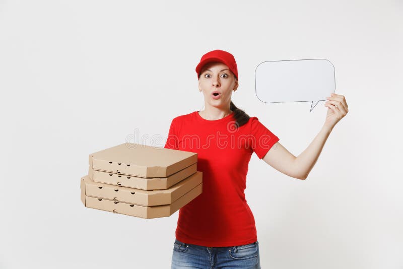 Woman in red cap, t-shirt giving food order pizza boxes isolated on white background. Female courier holding empty blank. Say cloud, speech bubble, italian royalty free stock photos Woman in red cap, t-shirt giving food order pizza boxes isolated on white background. Female courier holding empty blank. Say cloud, speech bubble, italian royalty free stock photos