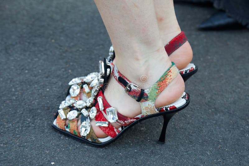 Woman with Red and Colorful High Heel Shoes with Transparent Jewels ...