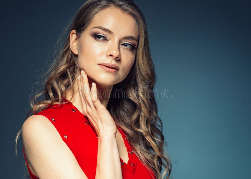 Woman in Red Dress with Long Blonde Hair Stock Image - Image of female ...