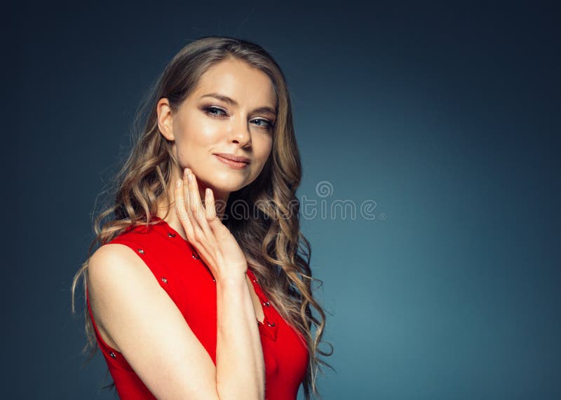 Woman in Red Dress with Long Blonde Hair Stock Image - Image of model ...