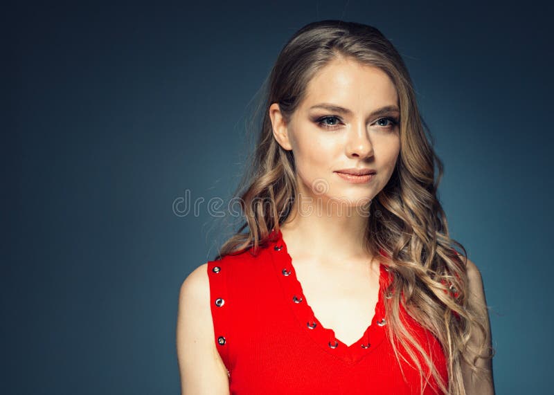 Woman in Red Dress with Long Blonde Hair Stock Photo - Image of looking ...