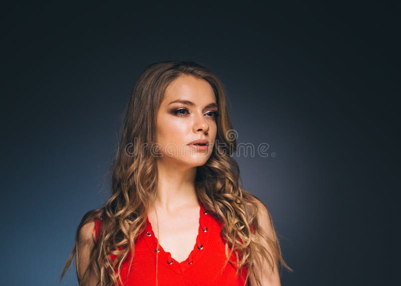 Woman in Red Dress with Long Blonde Hair Stock Photo - Image of light ...