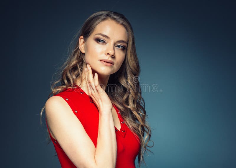 Woman in Red Dress with Long Blonde Hair Stock Image - Image of makeup ...