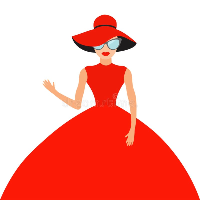 Woman in red elegant hat and big dress, sunglasses waving. 