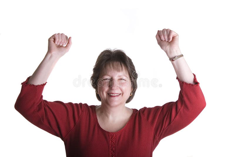 Woman in Red Fists in the Air