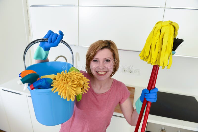 Woman with Red Hair in Rubber Washing Gloves Holding Cleaning Bucket ...