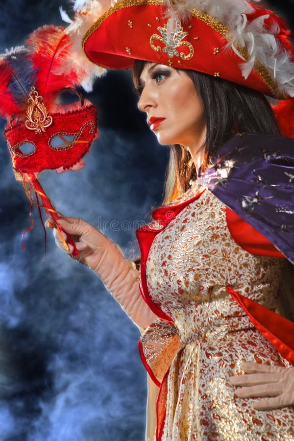 Woman in Red Medieval Costume with Mask Stock Image Image of fashion