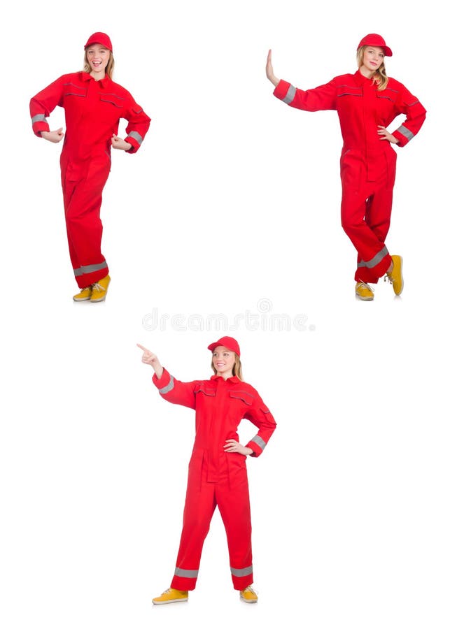 The woman in red overalls isolated on white