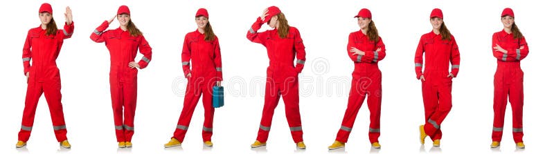 The woman in red overalls isolated on white