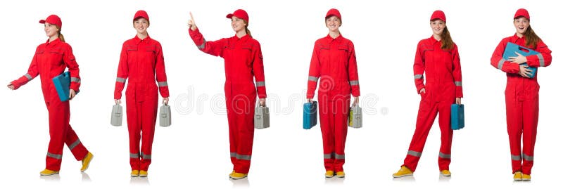 The woman in red overalls isolated on white