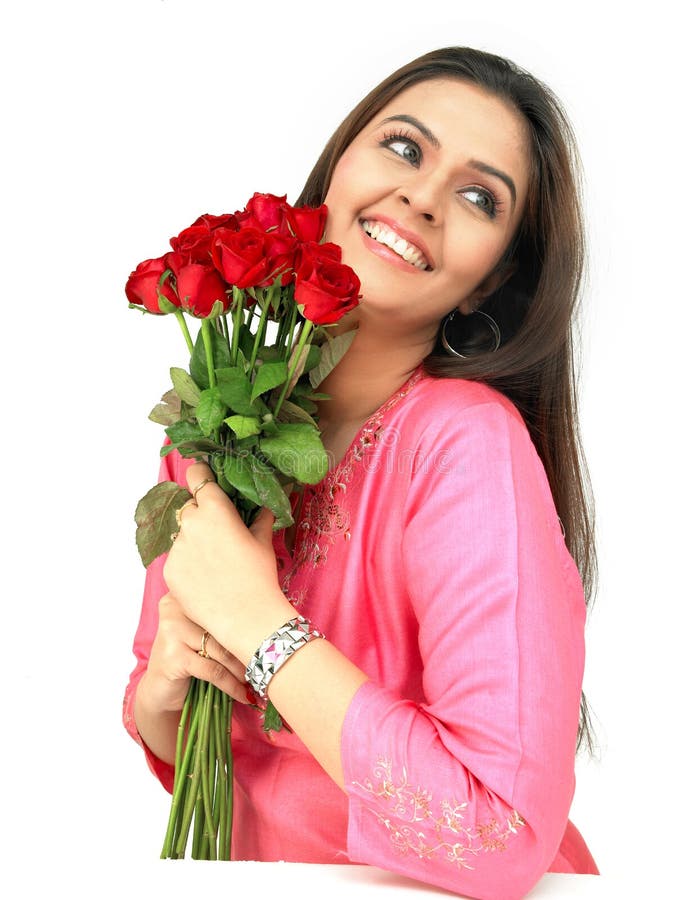 Woman with red rose bouquet