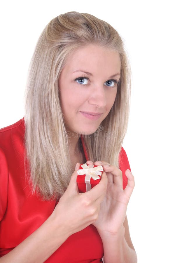 Woman in red with small present