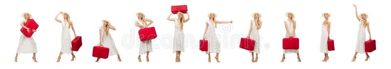 Woman with red suitcase isolated on white stock photos Woman with red suitcase isolated on white stock photos