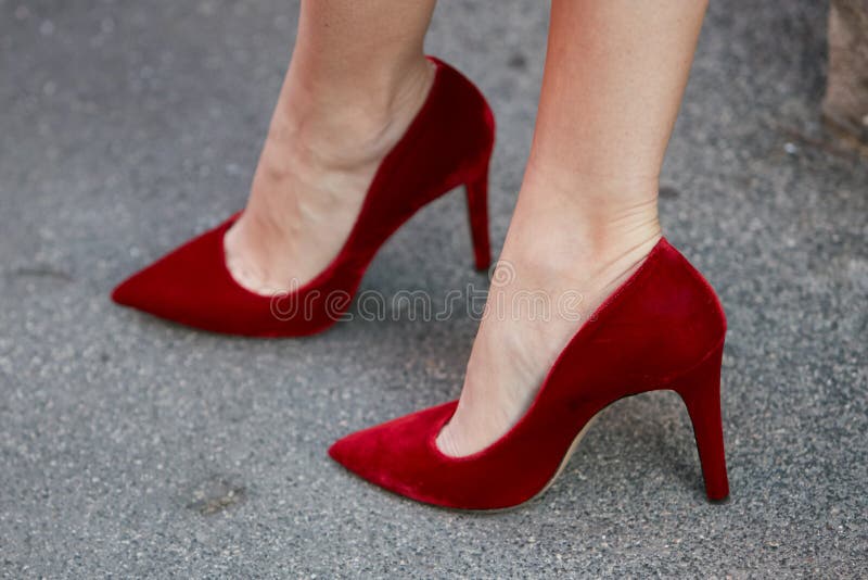 Woman with Red Velvet High Heel Shoes before Prada Fashion Show, Milan ...