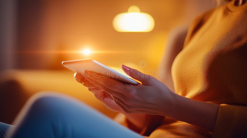 A woman is relaxing at home using a tablet, illuminated by a warm and inviting glow, in a cozy setting. royalty free stock images