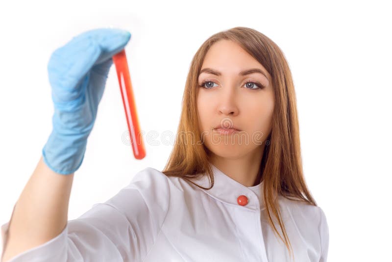 Woman researcher is surrounded by medical vials and flasks, isolated on white background stock images Woman researcher is surrounded by medical vials and flasks, isolated on white background stock images