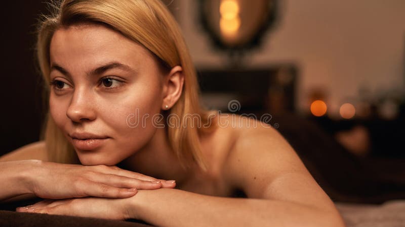 Woman Rest On Massage Table And Think In Spa Salon Stock Image Image Of Pampering Inside