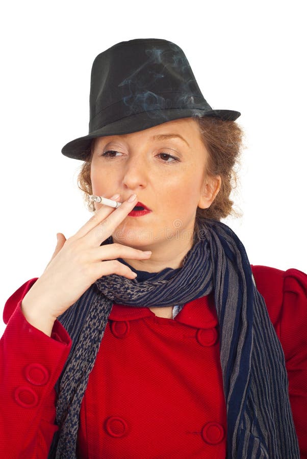 Woman with Retro Hat Smoking Stock Image - Image of cigarette, attitude ...