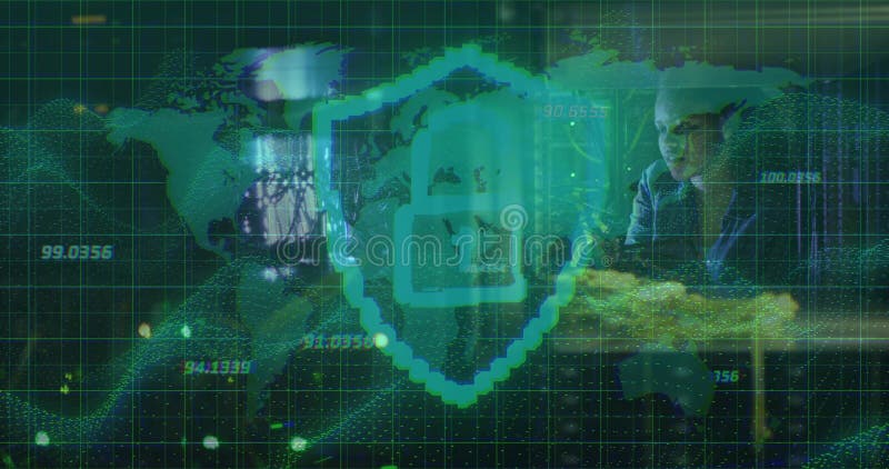 Woman reviewing cybersecurity data in dimly lit office, with glowing teal shield icon overlay stock illustration