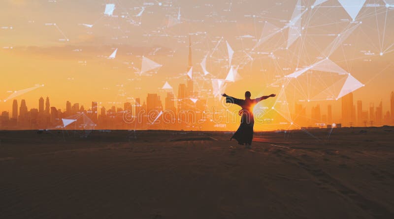 Woman rised her arms on the Dubai city background with on sunset. City connected to 5G technology